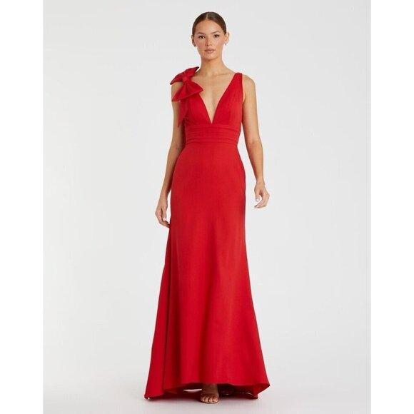 MAC DUGGAL Size 14 Sleeveless RED V Neck BOW DETAIL CREPE Mermaid GOWN Dress New - Picture 1 of 9